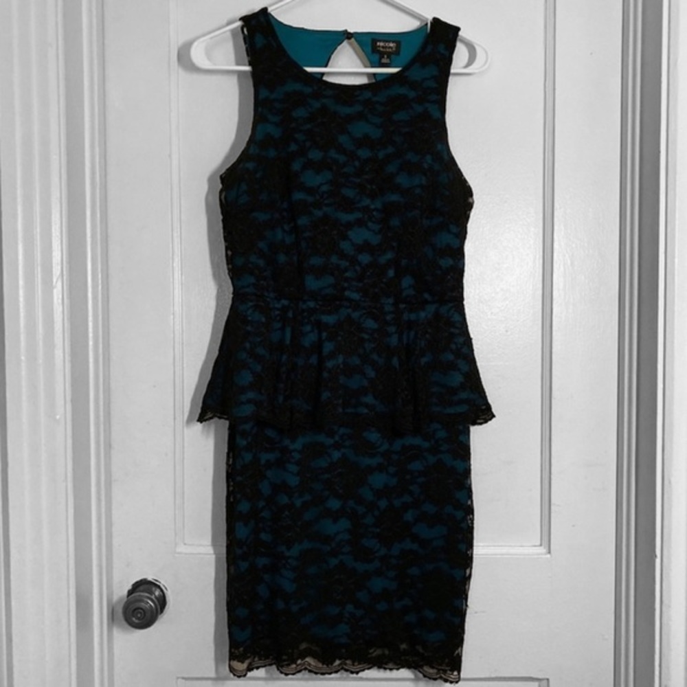Nicole Black Lace Dress with Bright Blue Under Layer and Peplum Size Small